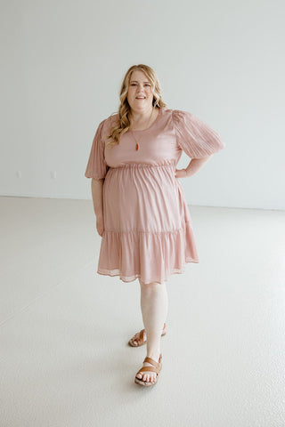 PLEATED BUBBLE SLEEVE KNEE LENGTH DRESS IN ANTIQUE ROSE - Love Marlow