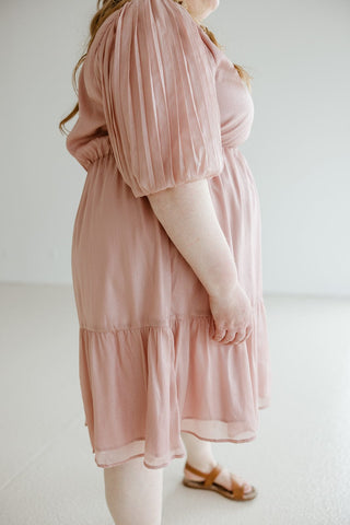 PLEATED BUBBLE SLEEVE KNEE LENGTH DRESS IN ANTIQUE ROSE - Love Marlow