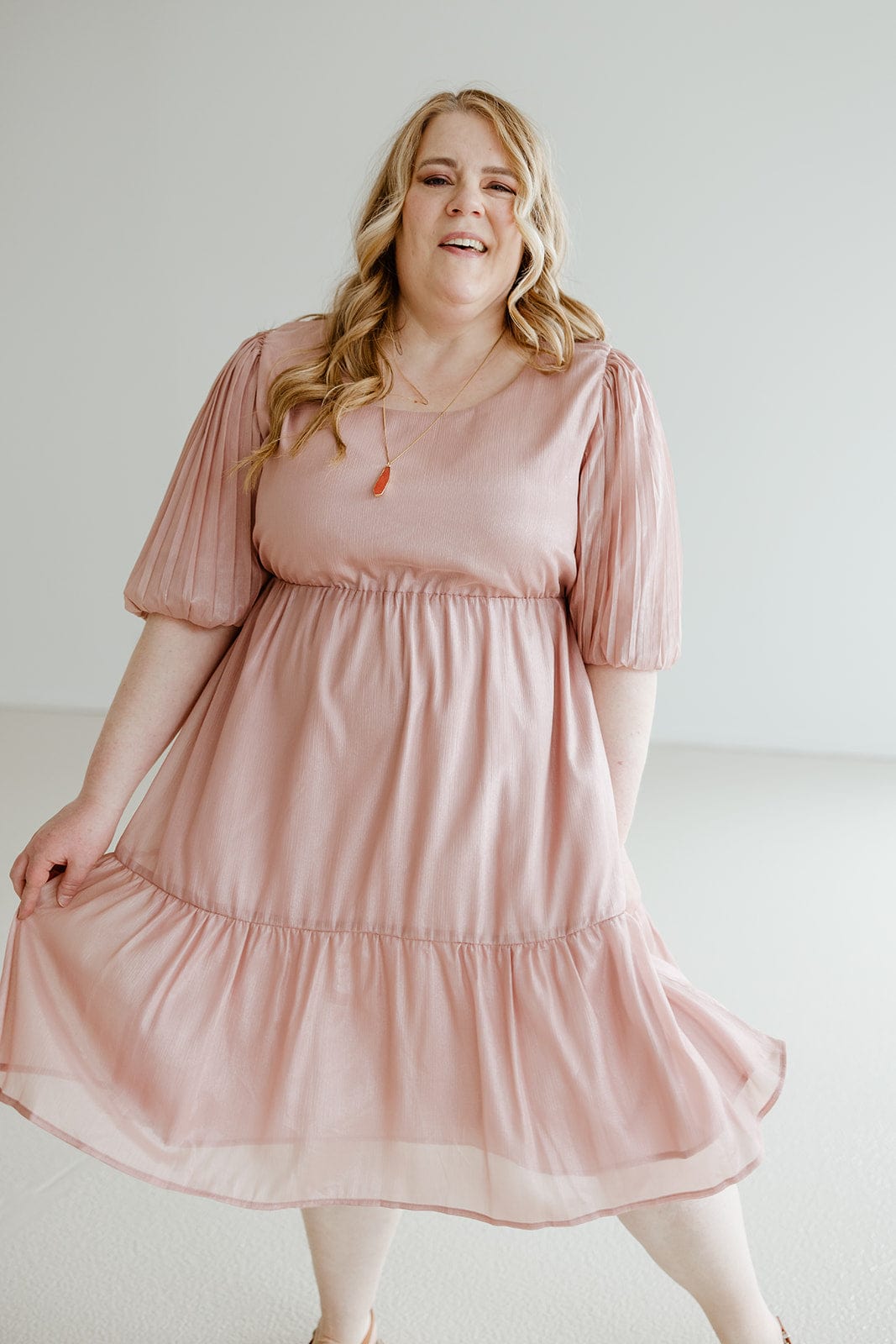 PLEATED BUBBLE SLEEVE KNEE LENGTH DRESS IN ANTIQUE ROSE - Love Marlow