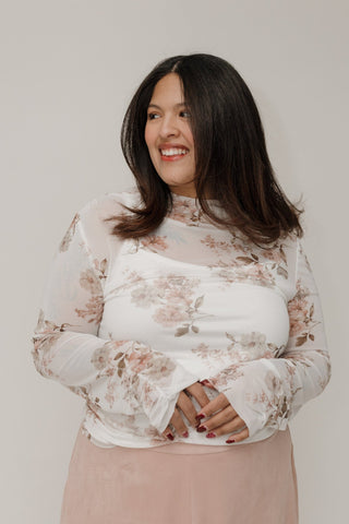 Plus Size Sheer Mesh Long - Sleeve Top – Vintage Floral Print Layering Top - Love Marlow