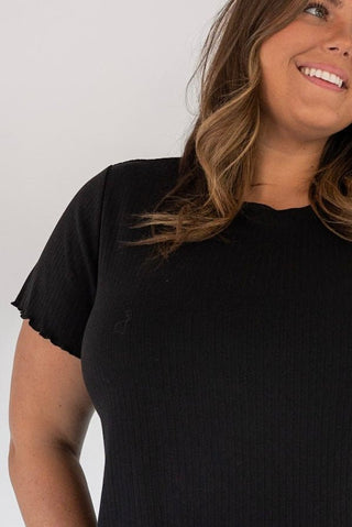 Pointelle Texture Tee – Black with Lettuce Leaf Sleeves - Love Marlow