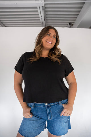 Pointelle Texture Tee – Black with Lettuce Leaf Sleeves - Love Marlow