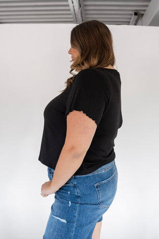Pointelle Texture Tee – Black with Lettuce Leaf Sleeves - Love Marlow