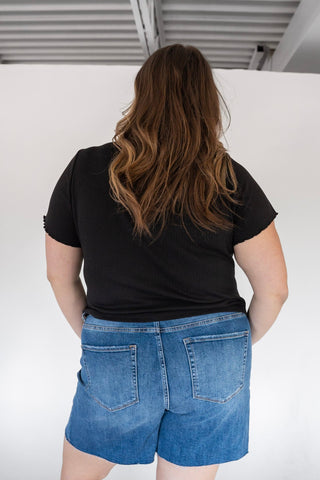 Pointelle Texture Tee – Black with Lettuce Leaf Sleeves - Love Marlow