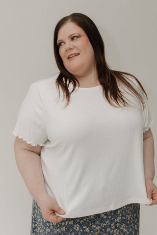 Pointelle Texture Tee – White with Lettuce Leaf Sleeves - Love Marlow