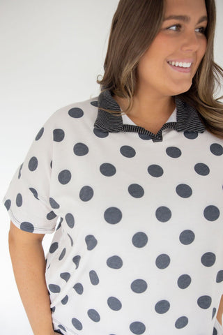 Polka Dot Color Block Notch Neck Top – French Terry Knit - Love Marlow