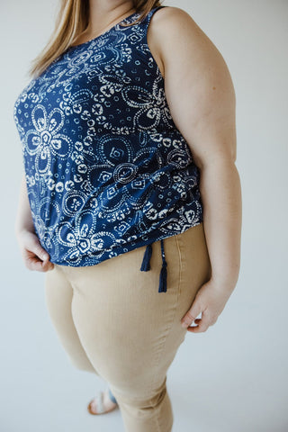 PRINTED BANDED HEM TANK WITH TIE IN INDIGO - Love Marlow