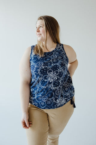 PRINTED BANDED HEM TANK WITH TIE IN INDIGO - Love Marlow