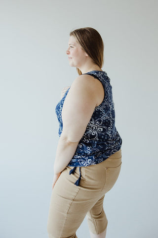 PRINTED BANDED HEM TANK WITH TIE IN INDIGO - Love Marlow