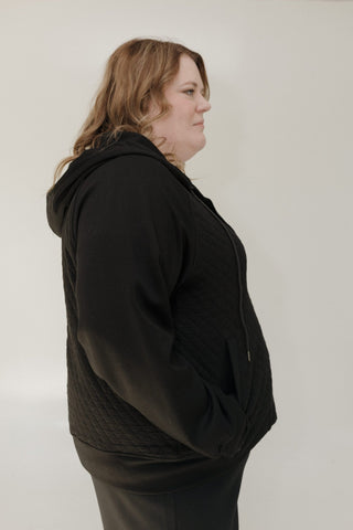 QUILTED FULL ZIP HOODED JACKET IN BLACK - Love Marlow