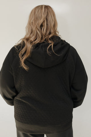 QUILTED FULL ZIP HOODED JACKET IN BLACK - Love Marlow