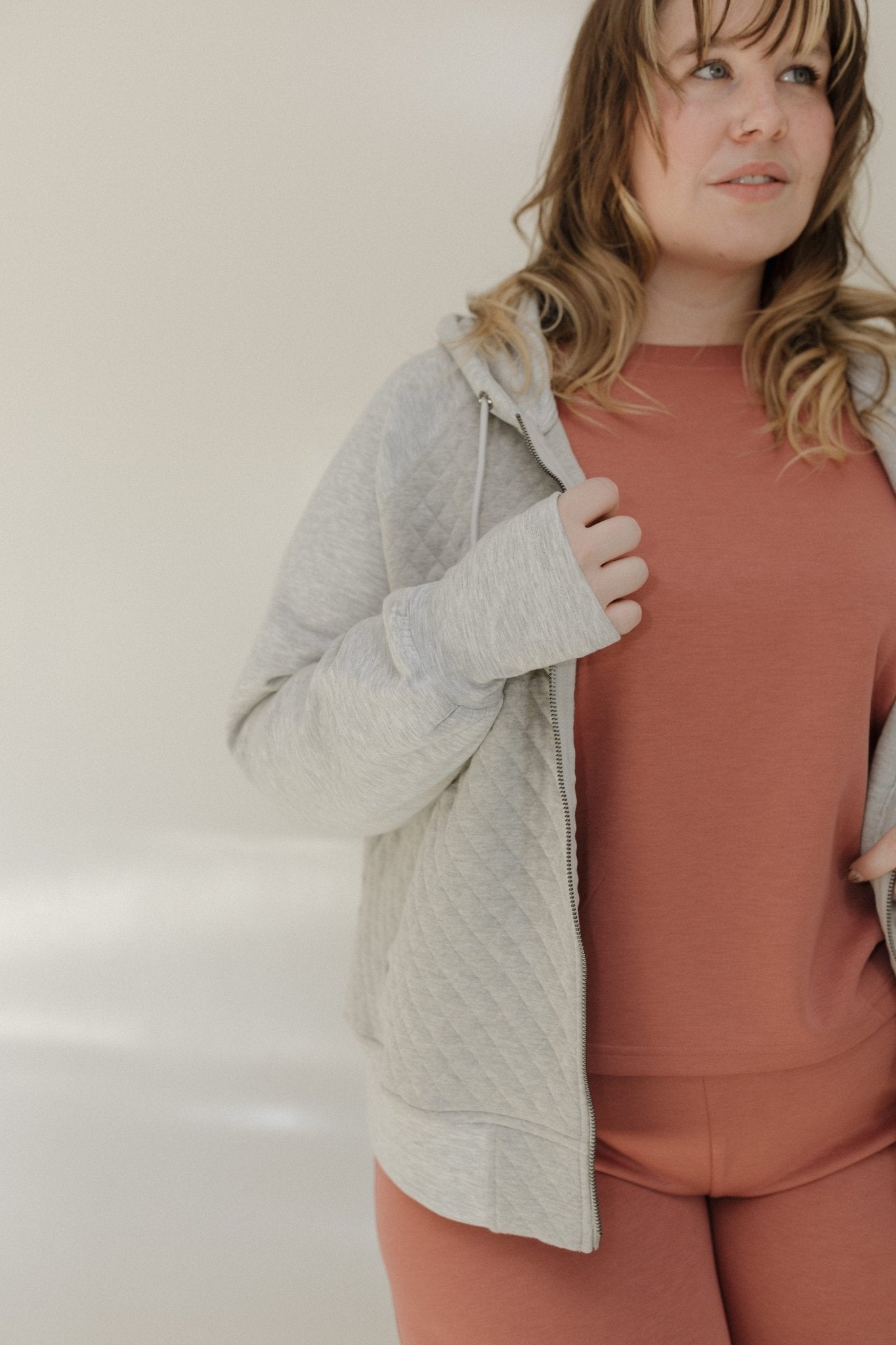 QUILTED FULL ZIP HOODED JACKET IN GREY - Love Marlow