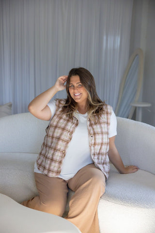 Quilted Plaid Puffer Vest – Taupe | Caramel - Love Marlow