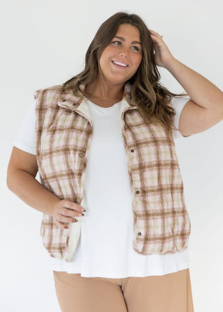 Quilted Plaid Puffer Vest – Taupe | Caramel - Love Marlow