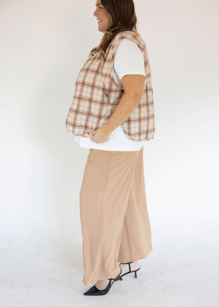 Quilted Plaid Puffer Vest – Taupe | Caramel - Love Marlow
