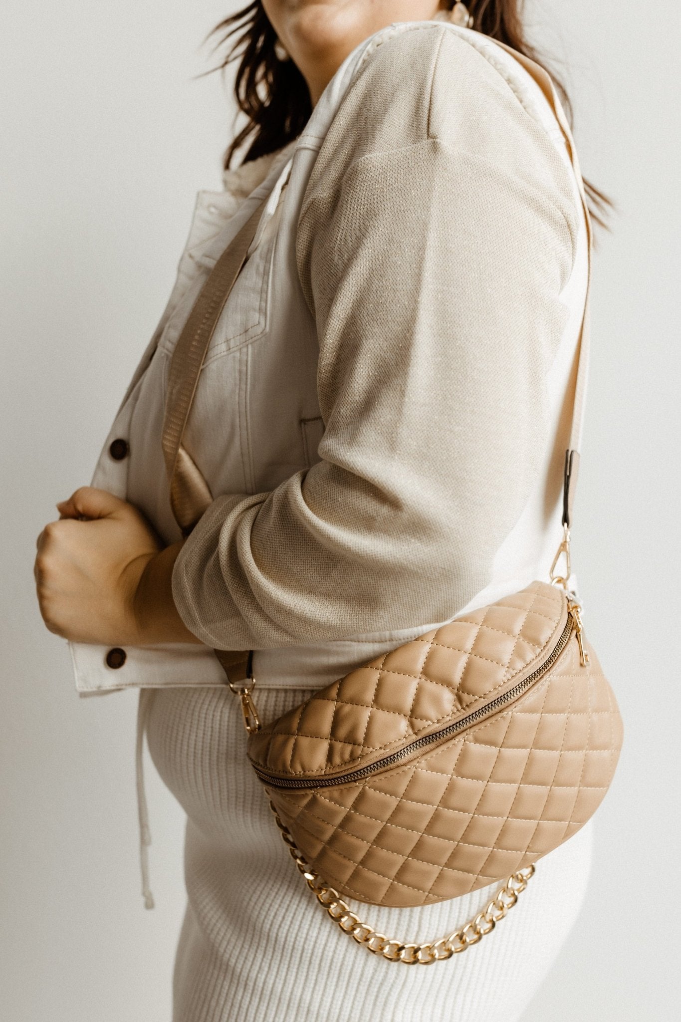 QUILTED SLING BAG WITH CHAIN DETAIL IN TAN - Love Marlow
