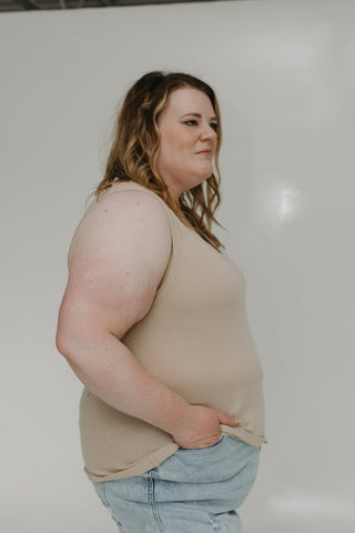 RAW EDGE SWEATER TANK IN SAND - Love Marlow