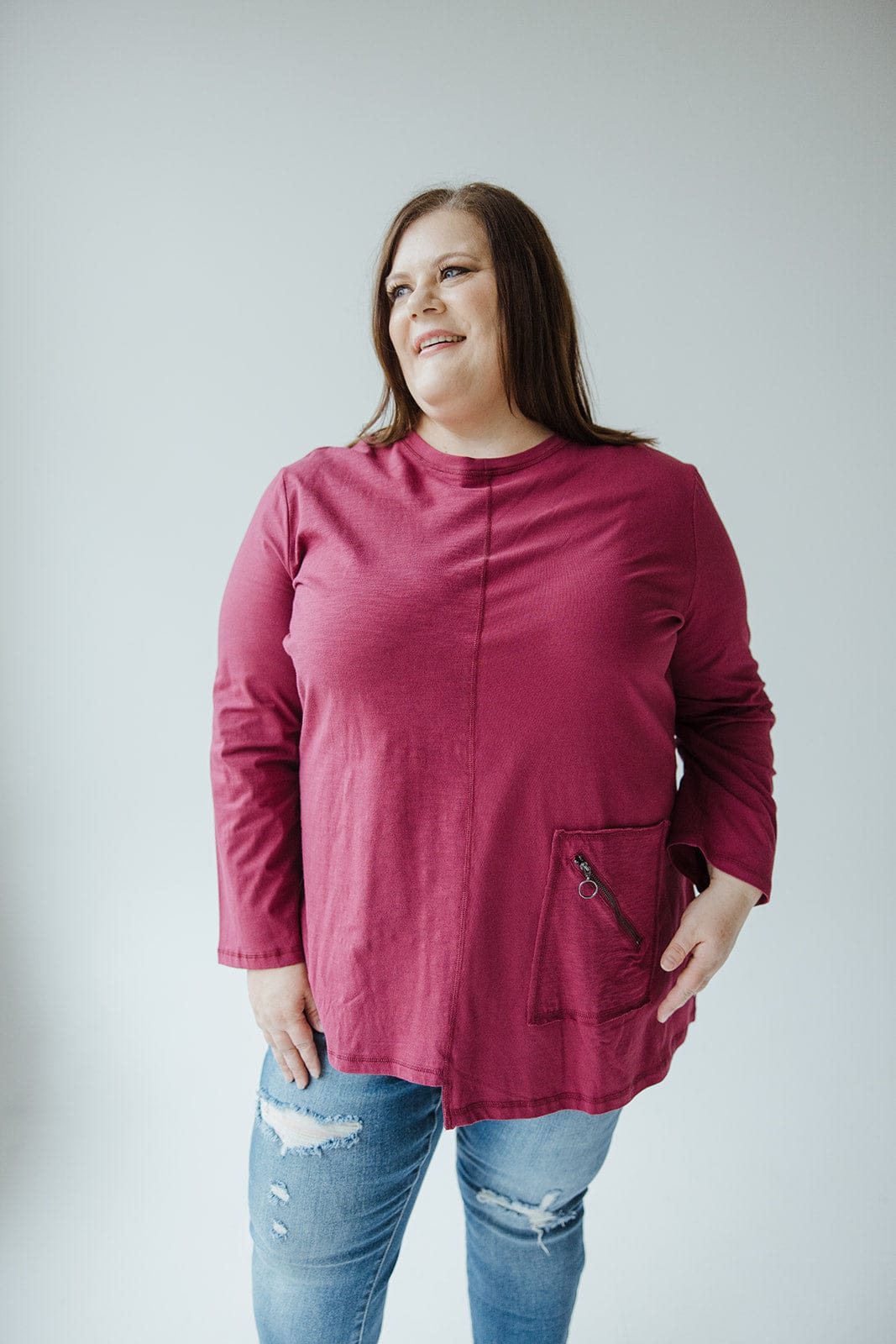 RAW EDGE TUNIC WITH POCKET DETAIL IN CRANBERRY - Love Marlow