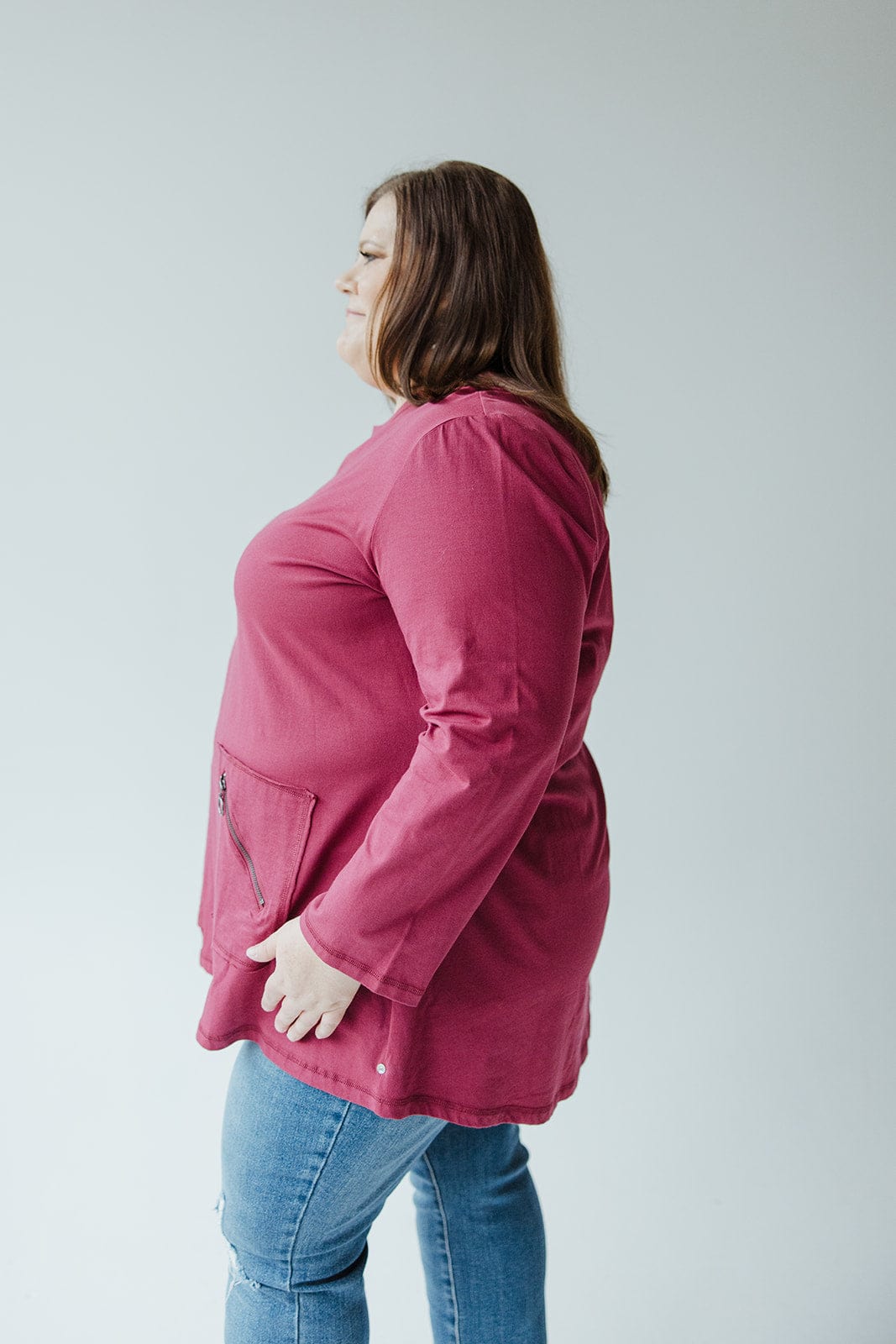 RAW EDGE TUNIC WITH POCKET DETAIL IN CRANBERRY - Love Marlow