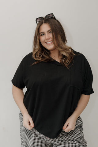 Raw Edge Waffle Knit Dolman Top in Black - Love Marlow