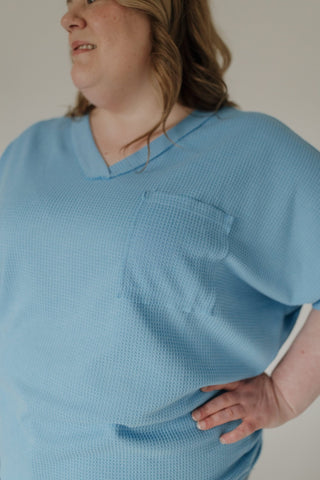 Raw Edge Waffle Knit Dolman Top in Sky Blue - Love Marlow