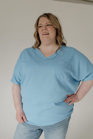 Raw Edge Waffle Knit Dolman Top in Sky Blue - Love Marlow