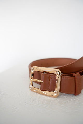 Rectangle Gold Belt in Cognac - Love Marlow