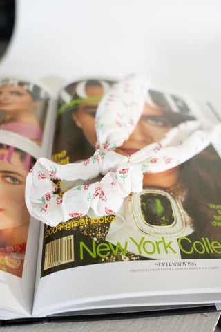 Red Daisy Chiffon Ribbon Scrunchie – Long Tail Floral Hair Tie - Love Marlow