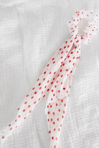 Retro Red Polka Dot Chiffon Ribbon Scrunchie – Long Tail Hair Tie - Love Marlow