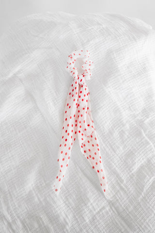 Retro Red Polka Dot Chiffon Ribbon Scrunchie – Long Tail Hair Tie - Love Marlow