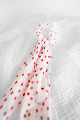 Retro Red Polka Dot Chiffon Ribbon Scrunchie – Long Tail Hair Tie - Love Marlow