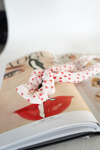 Retro Red Polka Dot Chiffon Ribbon Scrunchie – Long Tail Hair Tie - Love Marlow