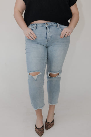 RFM High Rise Cropped Straight Leg Jeans – Light Wash Distressed - Love Marlow