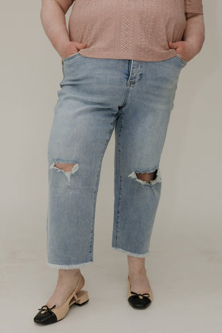 RFM High - Rise Destroyed Knees Wide Leg Crop in Light Wash - Love Marlow