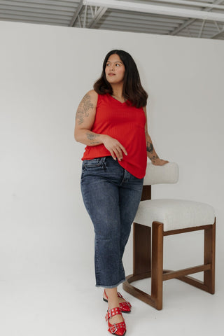 RFM High - Rise Wide Leg Crop Jeans with Frayed Hem in Dark Wash - Love Marlow