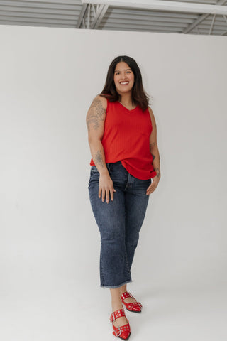 RFM High - Rise Wide Leg Crop Jeans with Frayed Hem in Dark Wash - Love Marlow