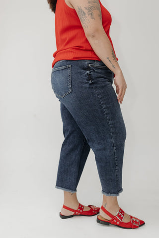 RFM High - Rise Wide Leg Crop Jeans with Frayed Hem in Dark Wash - Love Marlow