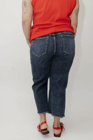 RFM High - Rise Wide Leg Crop Jeans with Frayed Hem in Dark Wash - Love Marlow