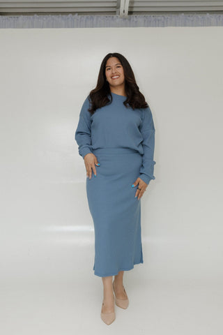 RIBBED KNIT MIDI LENGTH PENCIL SKIRT IN ADRIFT - Love Marlow