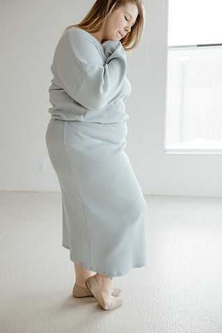 RIBBED KNIT MIDI LENGTH PENCIL SKIRT IN BABY BLUE - Love Marlow