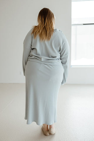 RIBBED KNIT MIDI LENGTH PENCIL SKIRT IN BABY BLUE - Love Marlow