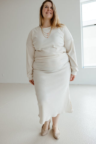 RIBBED KNIT MIDI LENGTH PENCIL SKIRT IN CREAM - Love Marlow