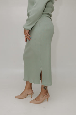 RIBBED KNIT MIDI LENGTH PENCIL SKIRT IN FADED JADE - Love Marlow