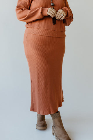 RIBBED KNIT MIDI LENGTH PENCIL SKIRT IN RENARD - Love Marlow