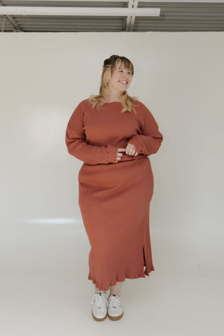 Ribbed Knit Midi Pencil Skirt – Smokey Rosewood - Love Marlow