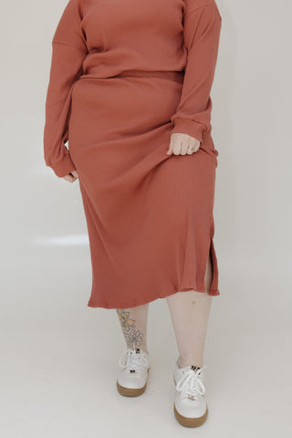 Ribbed Knit Midi Pencil Skirt – Smokey Rosewood - Love Marlow