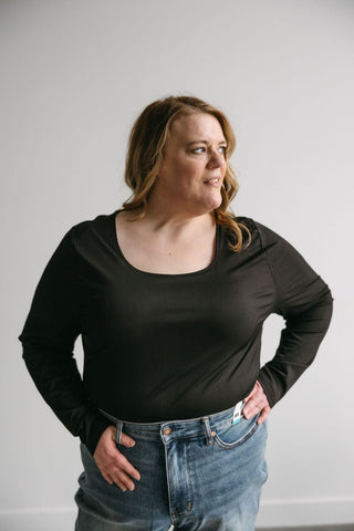 RIBBED LONG SLEEVE BODYSUIT IN BLACK - Love Marlow