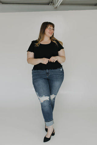 RIBBED SQUARE NECK TEE IN BLACK - Love Marlow