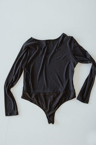RIBBED V - NECK BODYSUIT IN BLACK - Love Marlow