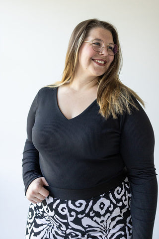 RIBBED V - NECK BODYSUIT IN BLACK - Love Marlow